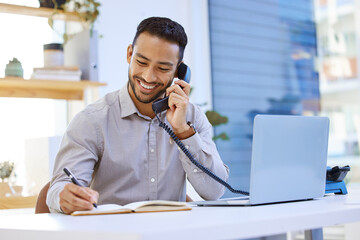 Aufkleber - Consultant, businessman on telephone and writing in a notebook with a laptop at desk in office at his workplace. Networking or support, communication and man on a phone call for customer service