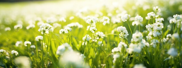 Wall Mural - Summer spring beautiful natural scenery. Blooming lush green grass in meadow outdoors. Small fluffy flowers in grass on nature, close-up