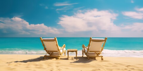 Two sun loungers on beautiful golden sandy beach against the backdrop of turquoise sea and blue sky with clouds. Colorful bright image, concept for summer holidays