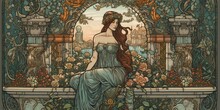 Art Nouveau Print Of A Young Woman Sitting On A Bench - Generative Ai	
