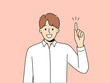 © Dzianis Vasilyeu - Man raises finger and says there is idea or advice to solve difficult problem. Smiling guy in white shirt points up and looking at screen, sharing brilliant idea for success or career growth