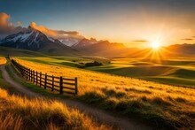  Picturesque Landscape, Fenced Ranch At Sunrise