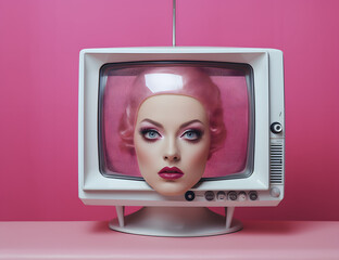 Wall Mural - Retro TV displaying a woman's face with pink hair and makeup. The surreal and vibrant scene combines vintage technology with modern fashion.
