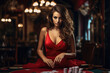 Woman In Red Dress Playing Poker In Casino