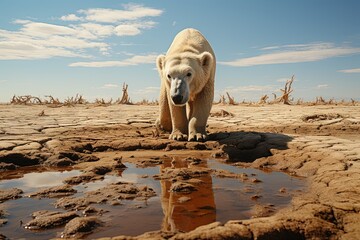 Wall Mural - polar bear thirsty in the desert climate change awarness illustration generative ai