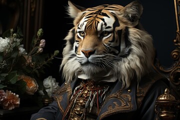 Sticker - tiger dressed in victorian style dress animal illustration generative ai