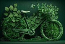Eco-friendly Cycling, Green Bike Adorned With Plants. Generative AI