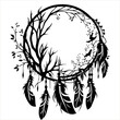 Dream catcher, tribal style, tree, twigs, feathers, vector graphic on white background