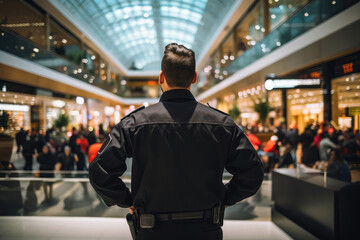 security guard in black stands with his back to shopping malls