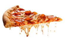 Template With Delicious Tasty Slice Of Pepperoni Pizza Flying On White Background. Generative AI