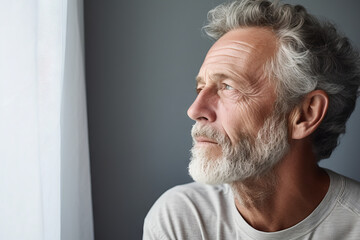 Thoughtful dreamy attractive middle aged man enjoying calm leisure time at home, looking away in deep thoughts with pensive face, dreaming, thinking over good future plans. Generative AI.