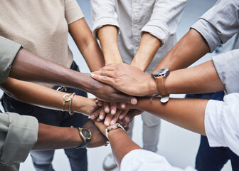 Wall Mural - hands, support and people together for teamwork, solidarity or group collaboration from above. workf