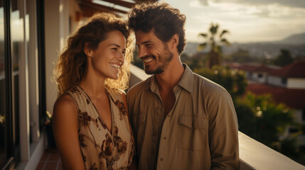 Portrait of smiling young couple looking at each other while standing on balcony at home.