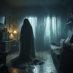 Poster - terrifying ghost in an abandoned house at night surrounded by mist