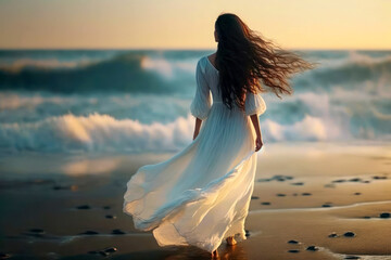 beautiful slim woman with long flowing brown hair in white fluttering dress in the wind against the 