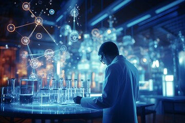 a scientist in a laboratory analyzing the molecular structure of natural hydrogen, 
illustrating research and development in the energy sector.