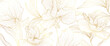 Luxury golden peony flower line art background vector. Natural botanical elegant flower with gold line art. Design illustration for decoration, wall decor, wallpaper, cover, banner, poster, card. 