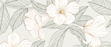 Luxury Golden Wildflower Line Art Background Vector. Natural Botanical Elegant Flower With Gold Line Art. Design Illustration For Decoration, Wall Decor, Wallpaper, Cover, Banner, Poster, Card. 