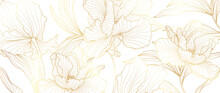 Luxury Golden Peony Flower Line Art Background Vector. Natural Botanical Elegant Flower With Gold Line Art. Design Illustration For Decoration, Wall Decor, Wallpaper, Cover, Banner, Poster, Card. 