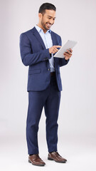 Leinwandbilder - Happy asian man, business and tablet in studio for online planning, data trading and internet info on white background. Corporate trader, digital technology and network connection for app on website