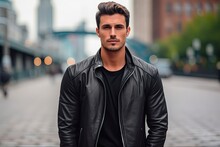 Modern Urban Style: Handsome Young Man In Black Leather Jacket And Jeans, Standing Against A City Sky With Dark Background: Generative AI