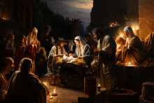 Birth Of Jesus Christ In Bethlehem, Mary And Joseph Sitting Next To The Manger , Religion And Faith Of Christianity, Bibical Story Of Christmas, Generative AI 