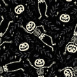 Skeletons with pumpkin head waving on black background. Seamless pattern for Halloween or Day of Dead. Vector illustration