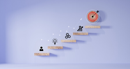 Wall Mural - woods block step on table with icon action plan, goal and target, success and business target concep