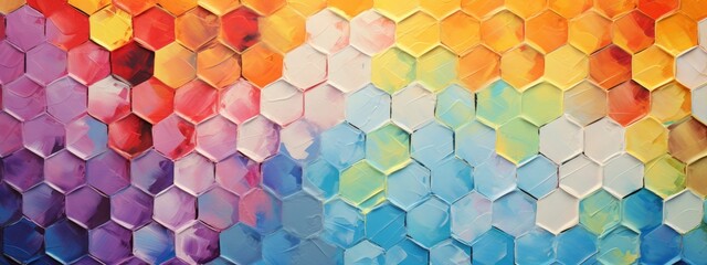Poster - Closeup of abstract rough colorful multicolored geometric hexagonal hexagons art painting texture 3d pattern wallpaper, with oil brushstroke, pallet knife paint on canvas (Generative Ai)