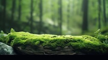 A Stone Covered With Green Moss In The Forest. Wildlife Landscape. Beautiful Bright Green Moss Grown Up Cover The Rough Stones And On The Floor In The Forest. Product Display Mockup.