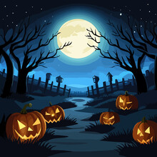 Illustration Halloween Pumpkin Spooky Night Background With Full Moon, Clouds, Bats, Bare Trees Silhouettes And Dark Blue Sky Sign, Poster Design