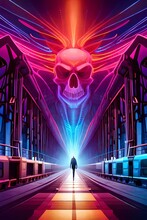 Infernal Night, Multicolored Smoke, Neon Lighting, Futuristic Retro Style, Retro Skull Punk On A Time Bomb, Cyberpunk Illustration For A Horror Book In A Seaport. Highly Detailed Images