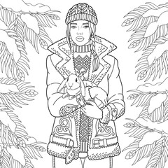 Wall Mural - Winter lady with a forest rabbit. Adult coloring book page with intricate antistress ornament