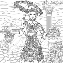 Wall Mural - Lady in vintage dress holding summer umbrella. Adult coloring book page with intricate antistress ornament