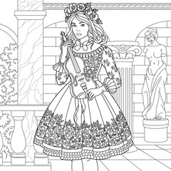 Wall Mural - Beautiful vintage lady playing violin. Adult coloring book page with intricate antistress ornament