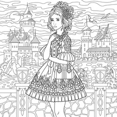 Wall Mural - Beautiful lady in vintage dress near spooky castle. Adult coloring book page with intricate antistress ornament