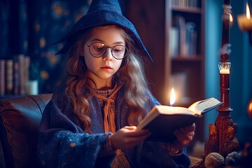 Little girl witch in witches hat with candle makes a spell using magic book. Halloween concept