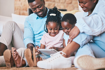 Poster - Streaming, happy and tablet with black family in living room for relax, games and elearning app. Digital, technology and internet with parents and children at home for movies, education and network