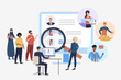 Multinational companies hiring refugees vector illustration. HR with magnifier searching for workers on screen, diverse people working as assistant, builder. Job creation, immigration concept
