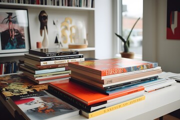 Poster - various graphic design books and magazines, symbolizing the knowledge and inspiration sources for designers.