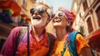 © masyastadnikova - Close up vivid portrait of an elderly couple, happy man and woman traveling. Elderly travelers, AI generated