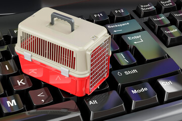 Canvas Print - Pet carrier, cage on the keyboard, 3D rendering