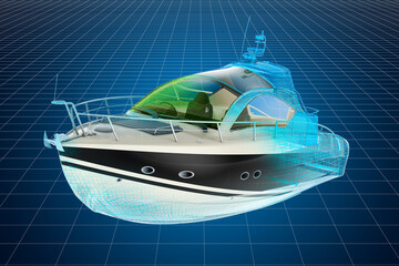 Visualization 3d cad model of motorboat, 3D rendering