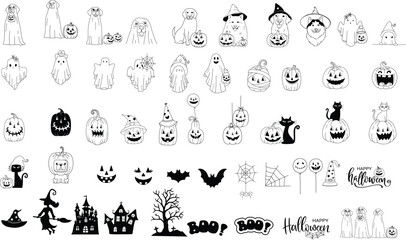 Wall Mural - Set of halloween Ghost pumpkin outline black icon and character. Vector element illustration. Isolated on white background.