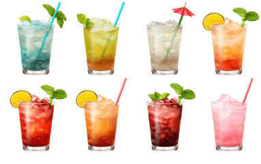 Assorted Cocktail Mocktails Many Different Radiant Colors Isolated on Transparent Background. Generative Ai