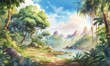 Watercolor Jungle Landscape Background 