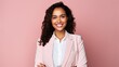 © radekcho - Portrait of happy woman looks in camera. Beautiful business woman professional in a suit at isolated background.