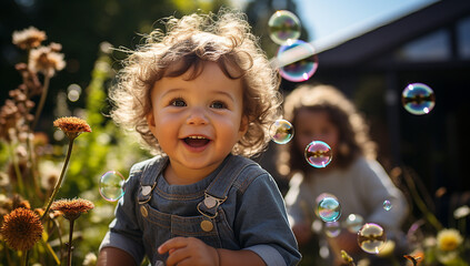 Beautiful little child toddler boy having fun with blowing soap bubble blower. Cute adorable baby child playing in the garden on sunny summer day. Happy active funny healthy kid