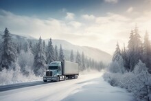 Truck On The Highway, Mountains, Us, Canada, Majestic, Winter, Snow