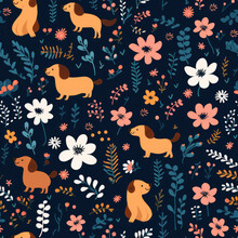 Dogs Folk Art Cartoon Cute Seamless Repeat Pattern